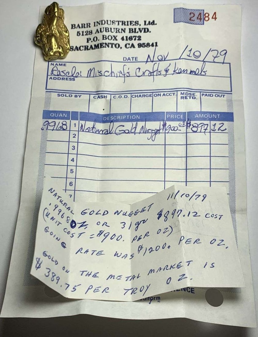 Pure Gold Nugget 22K Gold 41.4g 1.33 ozt AGW: This is a nugget purchased in 1979 by a collector who lived in Sacramento. This nugget tests at 22K gold. The original recipet and paperwork came with. (MR/LEBB)