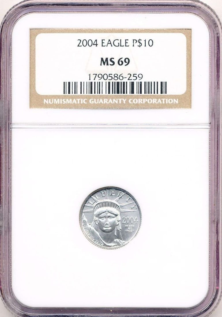 Last Minute Platinum! 2004 American $10 Eagle .9995 Platinum 1/10 ozt NGC MS69: Winner shall receive the exact coin shown here. (MR/B)