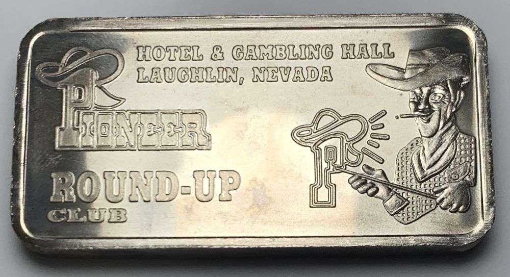 Last Minute! Pioneer Round-up Club Laughlin, Nevada 5 ozt .999 Silver Bar: Winner shall recieve the exact bar shown here. (MR/B)