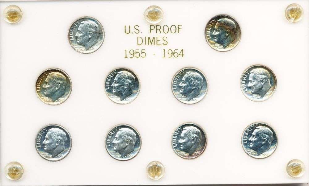 1955-1964 Roosevelt Silver Dime Proof Set (10-coins): Winner shall receive the exact set (10-coins) shown here. (MR/B)