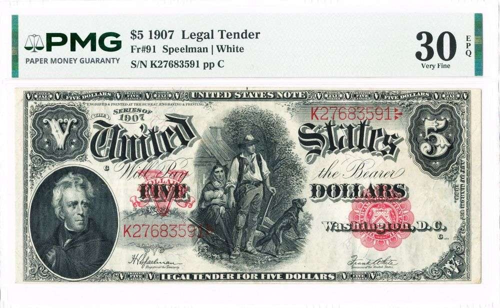 1907 United States Woodchopper $5 Note PMG VF30: Winner shall receive the exact note shown here. (MR/B)