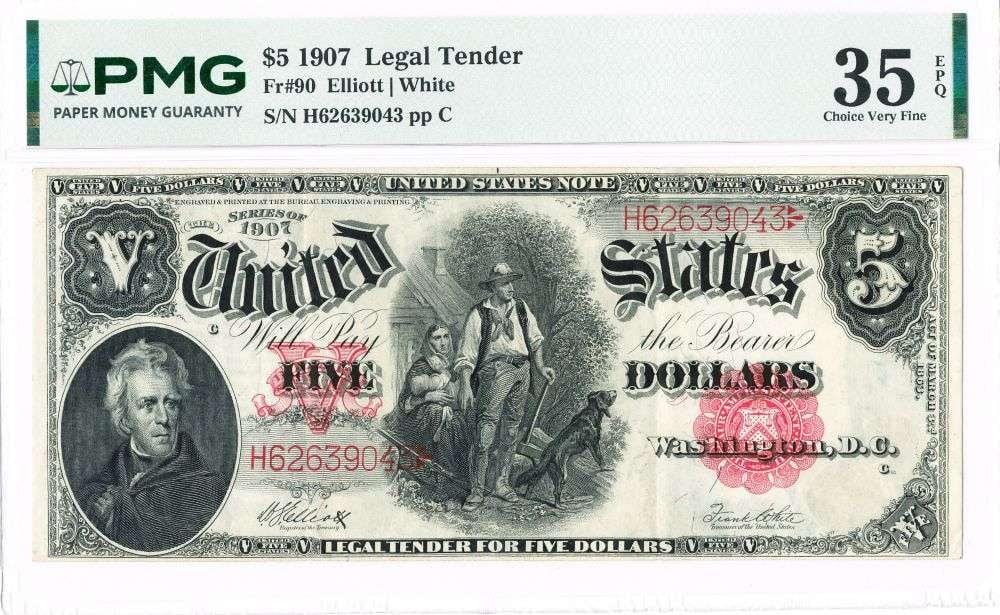 1907 United States Woodchopper $5 Note PMG VF35: Winner shall receive the exact note shown here. (MR/B)