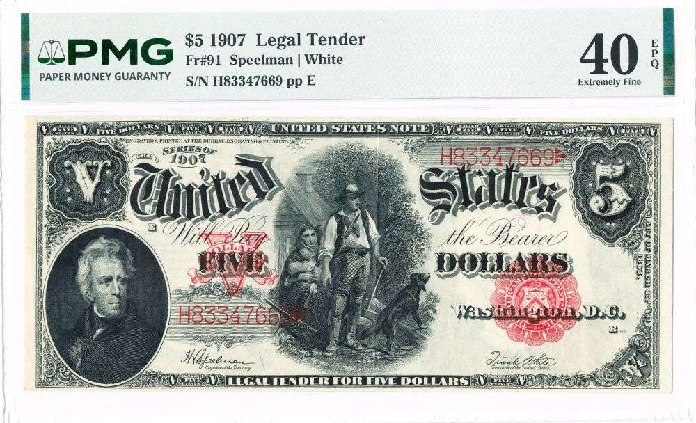 1907 United States Woodchopper $5 Note PMG XF40: Winner shall receive the exact note shown here. (MR/B)