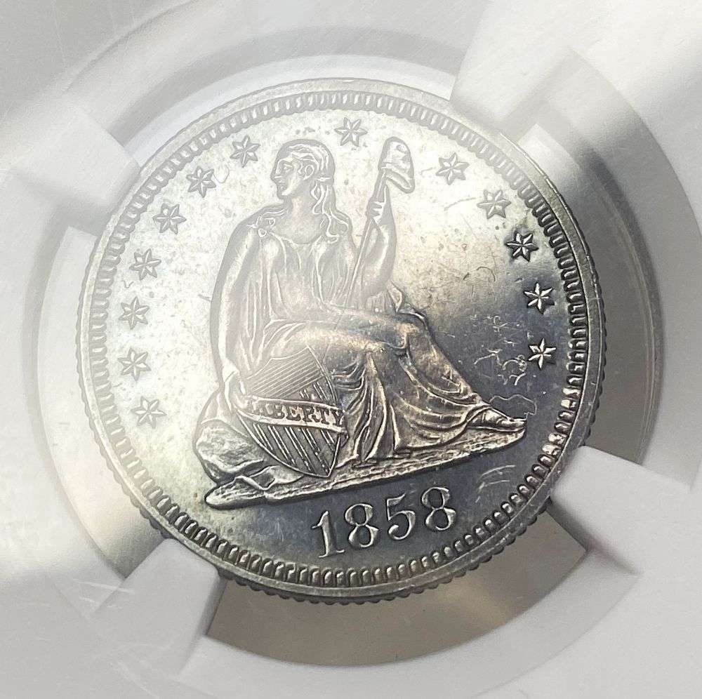 Last Minute! 1858 Seated Liberty Silver Quarter NGC Proof Details Artificial Toning: Winner shall receive the exact coin shown here. (RR)