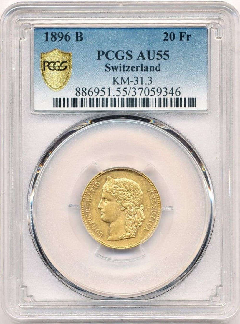 Last Minute! 1896-B Switzerland Gold 20 Franc PCGS AU55 0.1867 ozt AGW: Winner shall receive the exact coin shown here. (MR/SOMP=IIR)