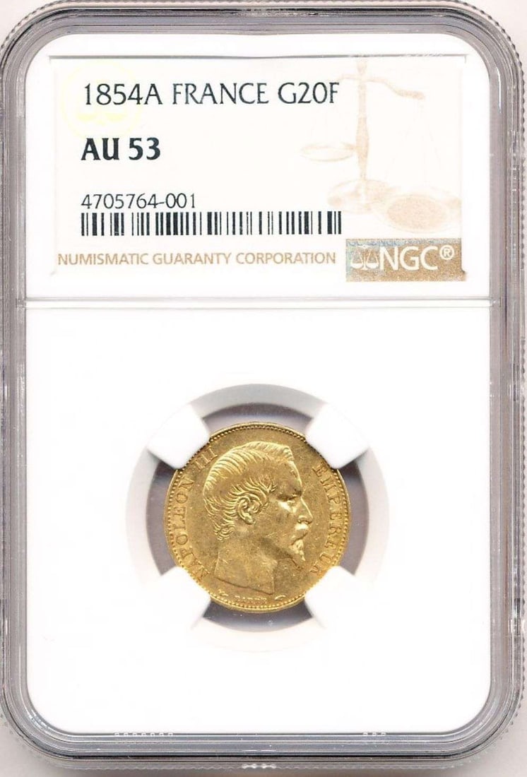 Last Minute! 1854-A France Gold 20 Franc NGC AU53 0.1867 ozt AGW: Winner shall receive the exact coin shown here. (MR/SOMP=IIR)