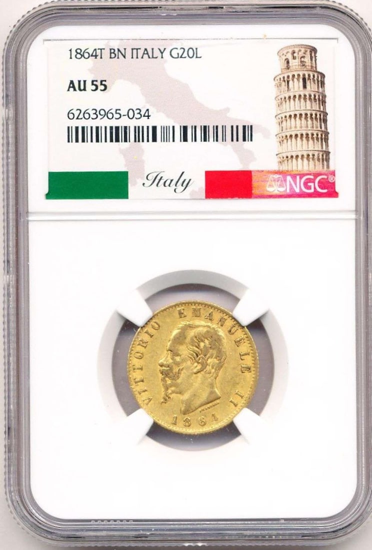 Last Minute! 1864-T Italy Gold 20 Lire NGC AU55 0.1867 ozt AGW: Winner shall receive the exact coin shown here. (MR/SOMP=IIR)