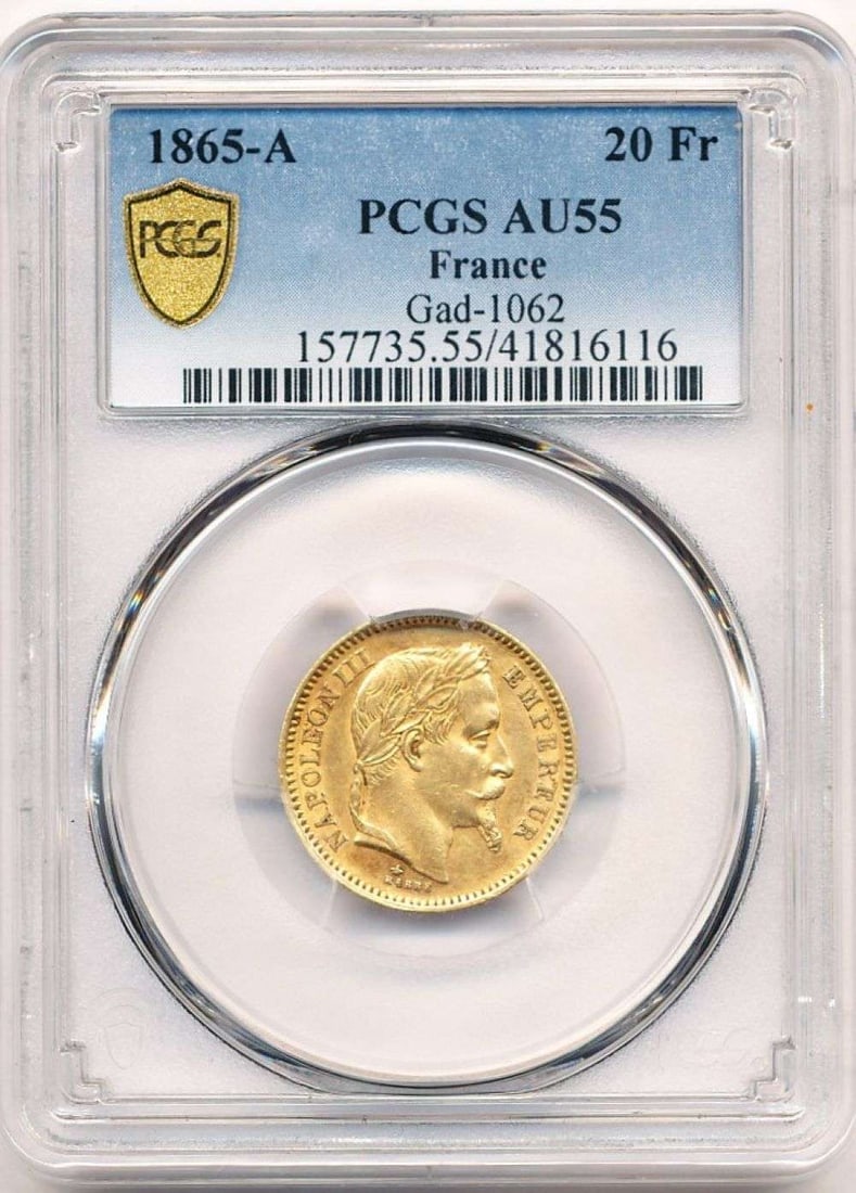 Last Minute! 1865-A France Gold 20 Franc PCGS AU55 0.1867 ozt AGW: Winner shall receive the exact coin shown here. (MR/SOMP=IIR)