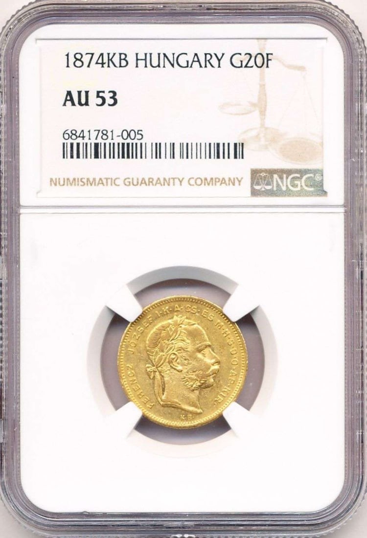Last Minute! 1874-KB Hungary Gold 20 Franc NGC AU53 0.1867 AGW: Winner shall receive the exact coin shown here. (MR/SOMP=IIR)