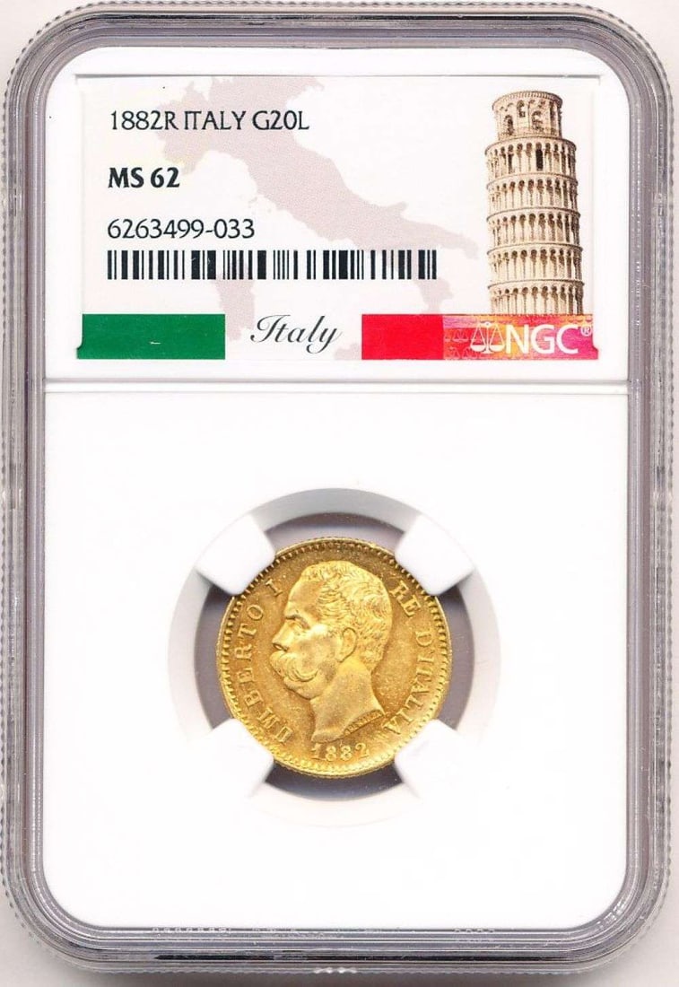 Last Minute! 1882-R Italy Gold 20 Lire NGC MS62 0.1867 ozt AGW: Winner shall receive the exact coin shown here. (MR/SOMP=IIR)