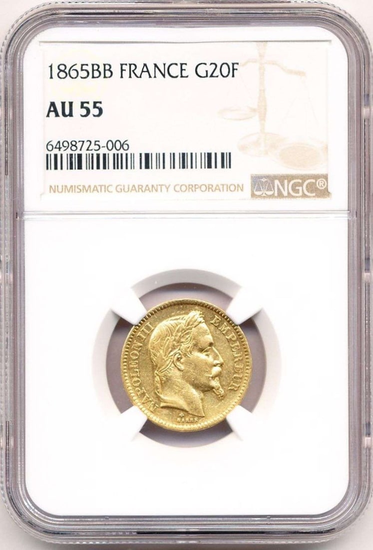 Last Minute! 1865-BB France Gold 20 Franc NGC AU55 0.1867 ozt AGW: Winner shall receive the exact coin shown here. (MR/SOMP=IIR)