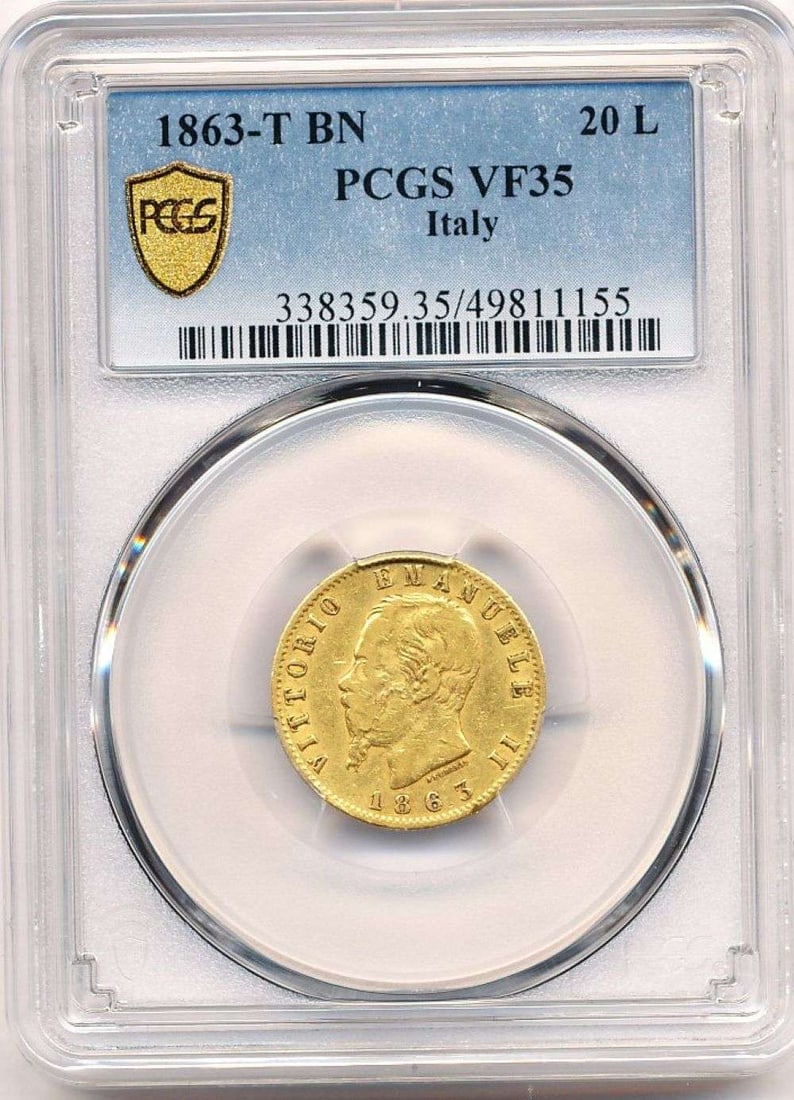 Last Minute! 1863-T Italy Gold 20 Lire PCGS VF35 0.1867 ozt AGW (1 of 4)