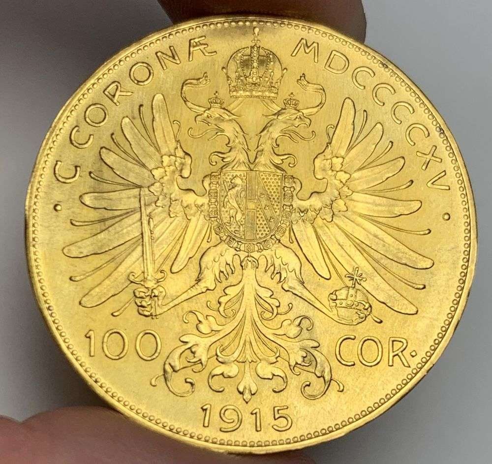 Last Minute! 1915 Austrian Gold 100 Corona 0.9802 ozt AGW: Winner shall receive the exact coin shown here. (MR/PROF)