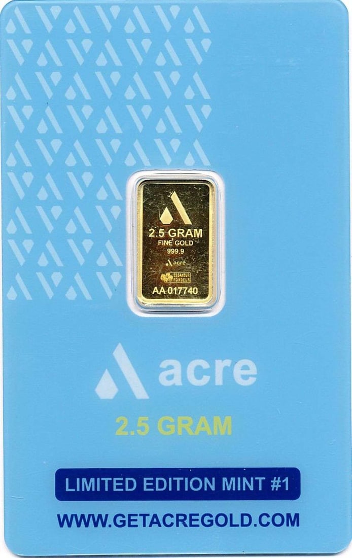 Last Minute! Acre Limted Edition 2.5g .9999 Gold Bar: Winner shall receive the exact bar shown here. (MR)
