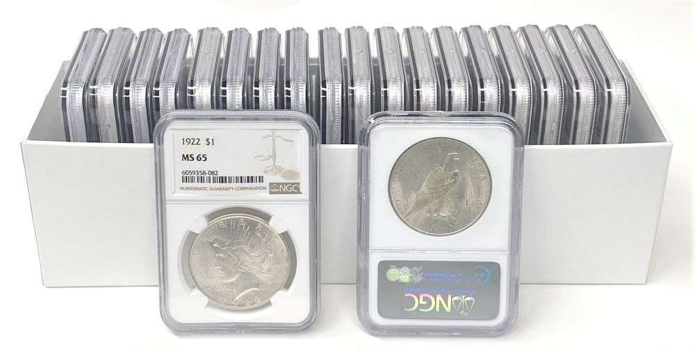 Box (20-coins) Common Date Peace Silver Dollars NGC MS65: Please allow 2-4 weeks for delivery. Winner shall receive (1) box (20-coins) precisely resembling the ones shown here. (RR/B)