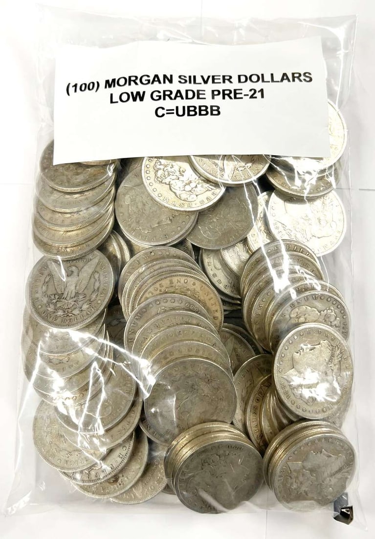 (100) Morgan Silver Dollars 1878-1904 Low Grade: Winner shall receive the (100) Morgan Silver Dollars precisely resembling the coins shown here. Please allow 2-4 weeks for shipping.