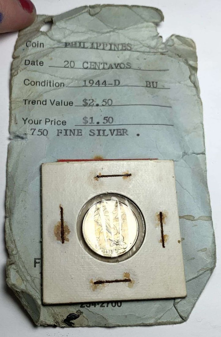Vintage Bid Board 1944-D Philippines 20 Centavos .750 Silver: Winner shall receive the exact coin shown here. (MR/B)