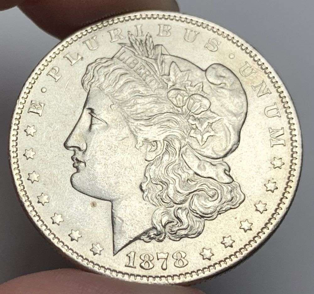 First Year 1878 7TF Rev. 79 Morgan Silver Dollar AU: Winner shall recieve the exact coin shown here. (MR/B)