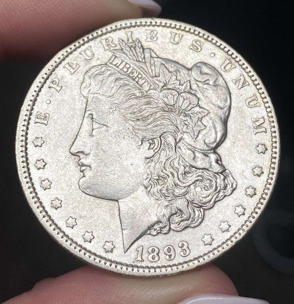 Rare 1893 Morgan Silver Dollar AU58: Winner shall recieve the exact coin shown here. (MR/UBB)