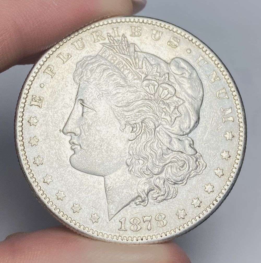 First Year 1878-S Morgan Silver Dollar AU58: Winner shall receive the exact coin shown here. (RR/B)