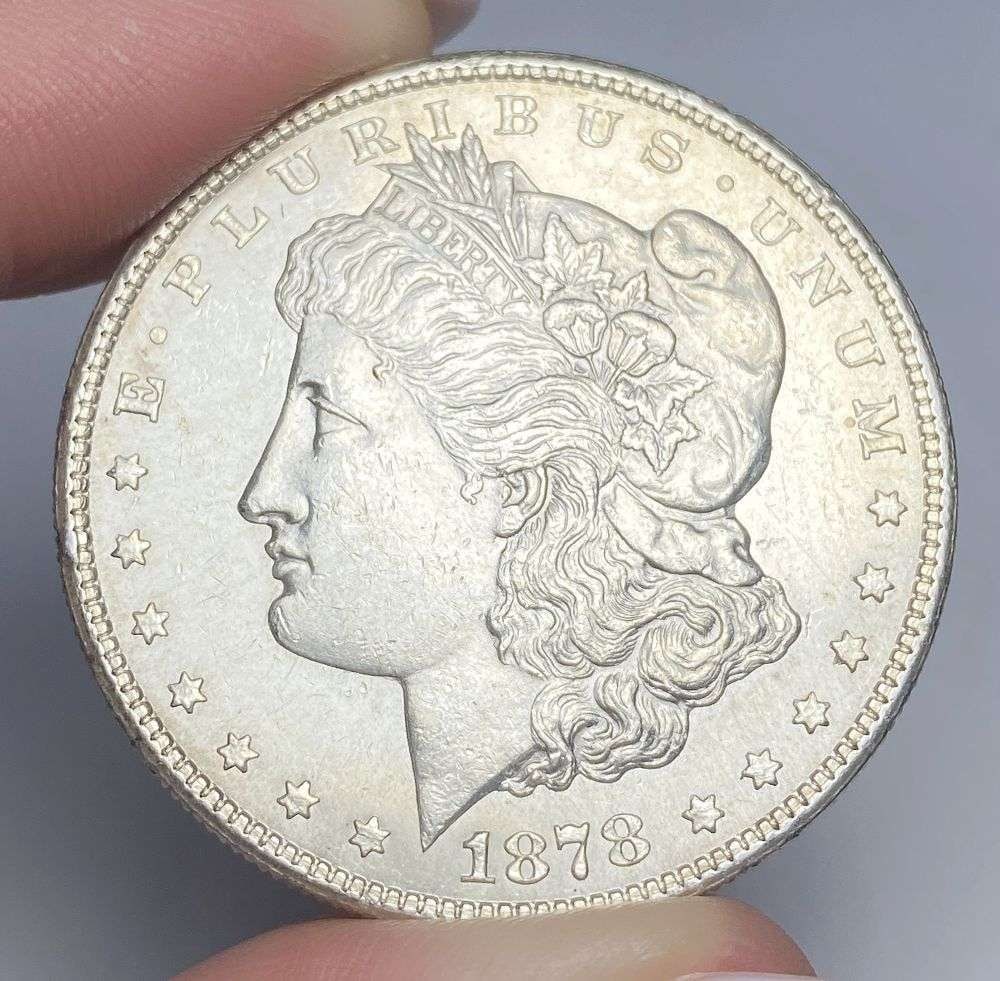 First Year 1878-S Morgan Silver Dollar AU58: Winner shall receive the exact coin shown here. (RR/B)