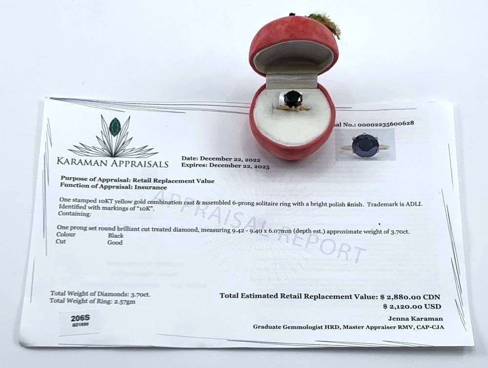 3.70ct Black Round Cut Diamond 10k Yellow Gold Ring (Size 6.5): Winner shall receive the exact item shown here. (MR)