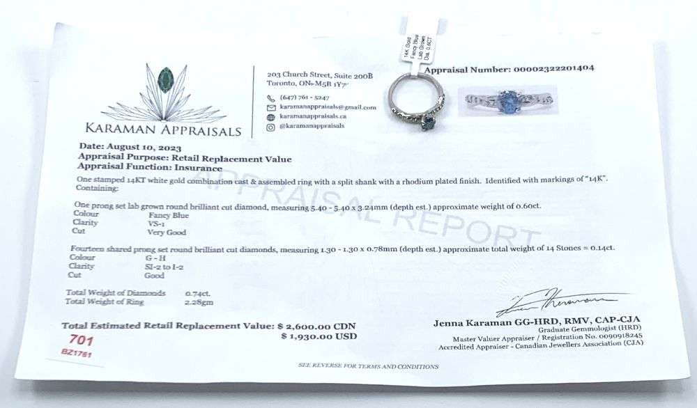 0.60ct Blue Round Cut Diamond 14k White Gold Ring (Size 6.5): Winner shall receive the exact item shown here. (MR)