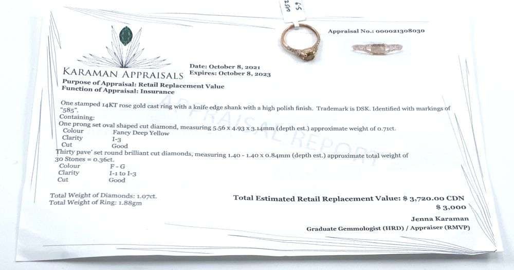 0.71ct Yellow Oval Cut Diamond 14k Rose Gold Ring (Size 6.75): Winner shall receive the exact item shown here. (MR)