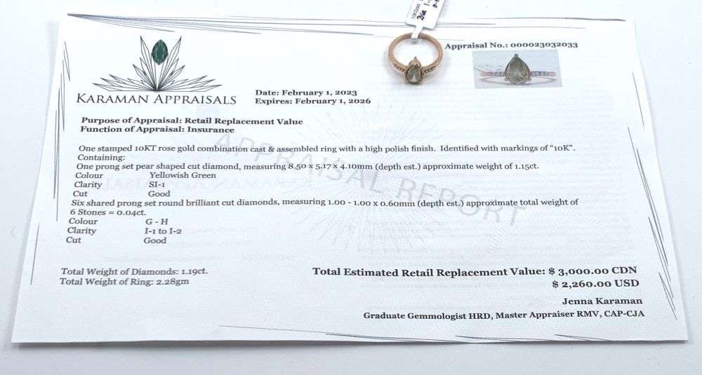 1.15ct Yellow/Green Pear Cut Diamond 10k Rose Gold Ring (Size 7): Winner shall receive the exact item shown here. (MR)