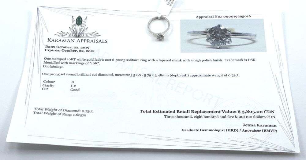 0.75ct Round Cut Diamond 10k White Gold Ring (Size 6): Winner shall receive the exact item shown here. (MR)