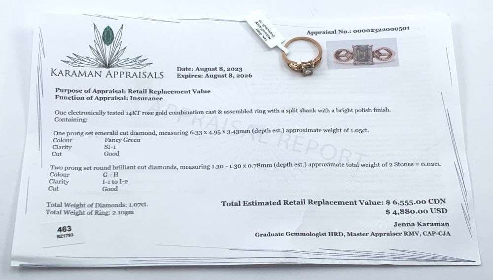 1.05ct Green Emerald Cut Diamond 14k Rose Gold Ring (Size 7): Winner shall receive the exact item shown here. (MR)