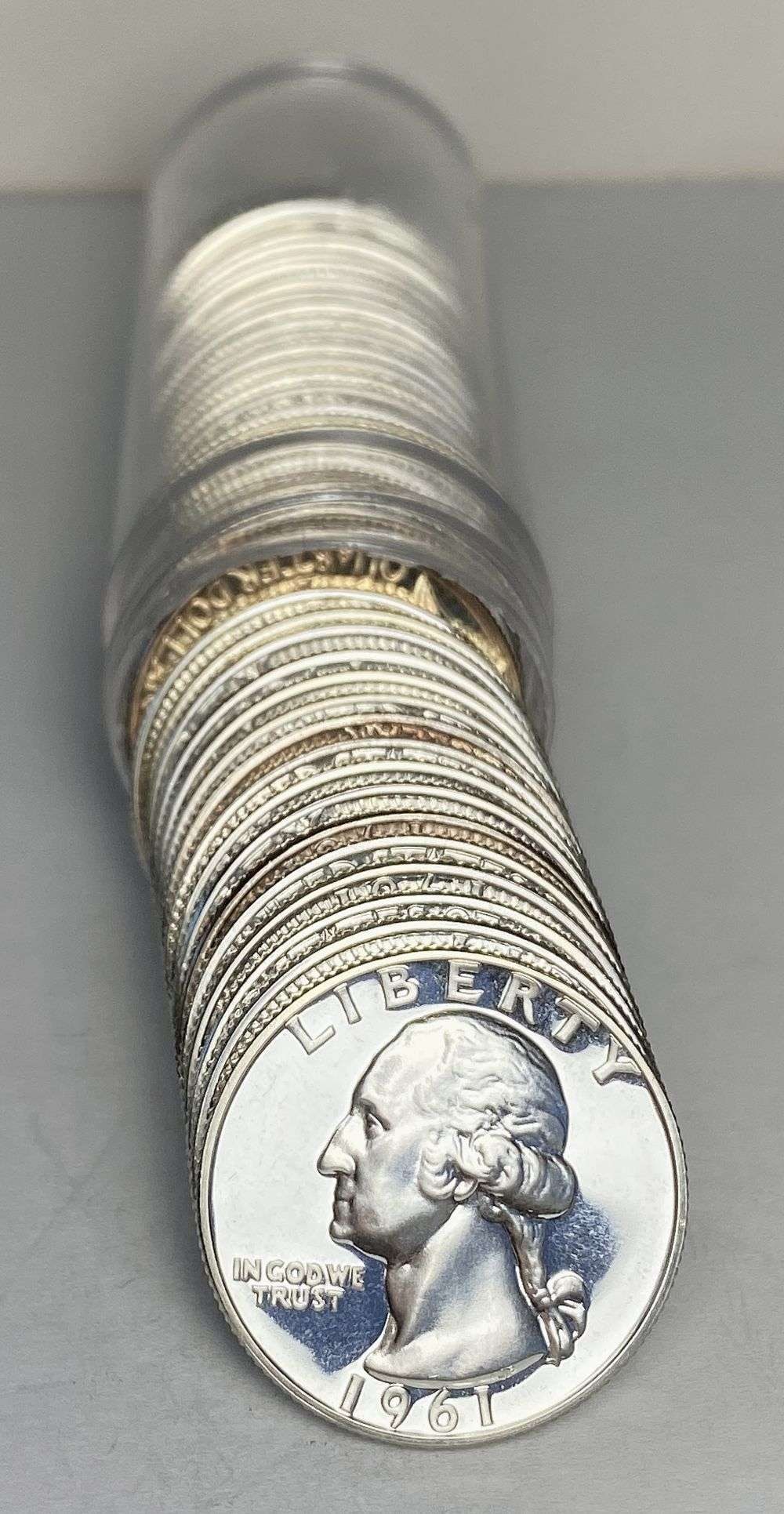 Roll (40-coins) 1961 Washington Quarter Proof 90% Silver: We were recently consigned an old time hoard of proof 90% silver quarters that are all pre-1965. These are the OG proof silver quarters. For example, if a person was lucky enough to send a coin to PCG
