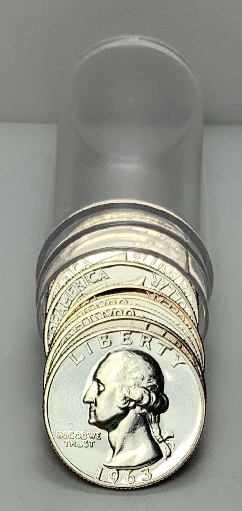 Roll (10) 1963 Washington Quarter Proof 90% Silver: We were recently consigned an old time hoard of proof 90% silver quarters that are all pre-1965. These are the OG proof silver quarters. For example, if a person was lucky enough to send a coin to PCG