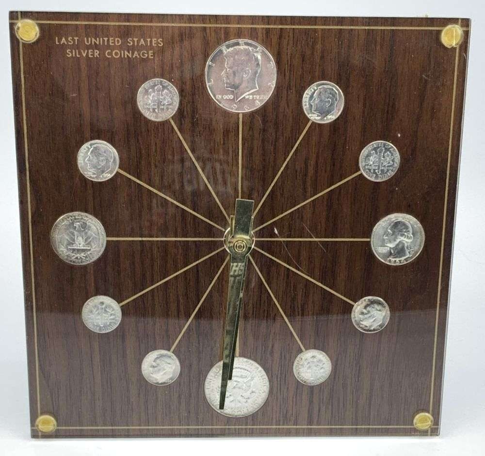 Vintage Extremely Rare 1964 Silver Numismatic Clock (12-coins): Back to the era of plexiglass, harkens this beautiful 90% silver clock. This clock, when batteries are installed, works like a fine swiss watch, pun intended. We do believe it runs, not sure how well.