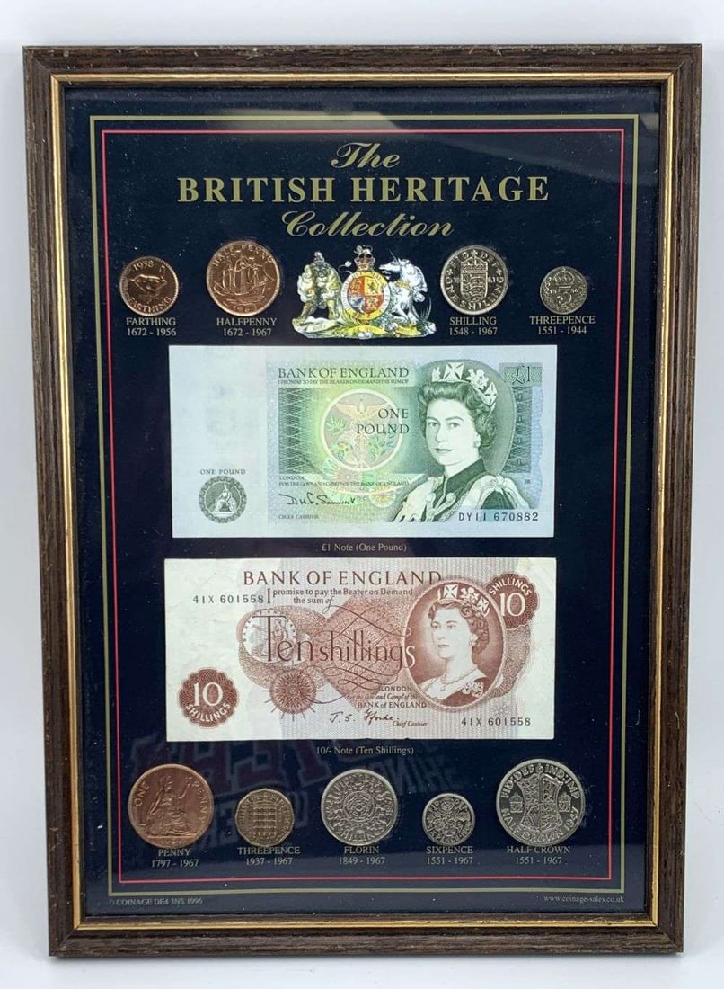 Rare 1551-1967 British Heritage Note & Coin Collection (9-coins): Winner shall receive the exact item (9-coins & 2-notes) shown here. (MR/B)