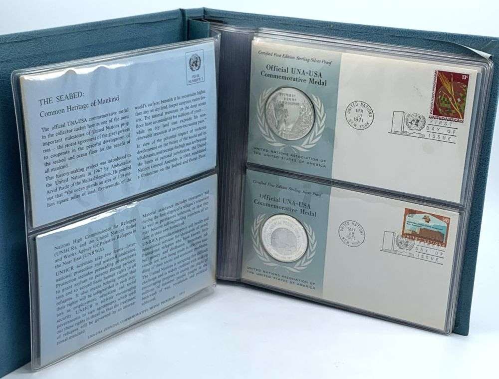 Vintage 1971 United Nations First Day Covers Proof 1 ozt Sterling Silver Album (6-coins): Winner shall recieve the exact album (6-coins) shown here. (MR/B)
