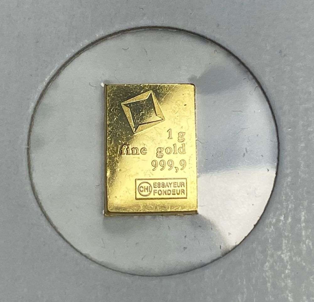 Valcambi 1g .9999 Gold Bar: Winner shall receive the exact bar shown here. (RR/LBB)