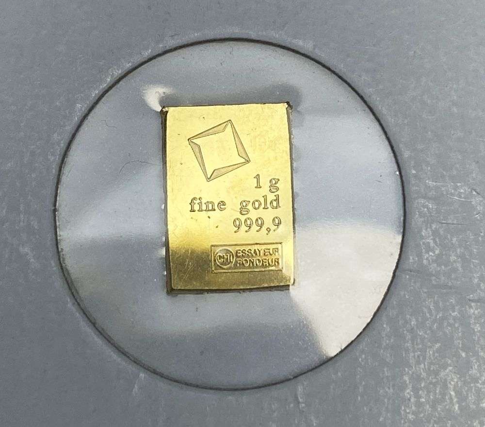Valcambi 1g .9999 Gold Bar: Winner shall receive the exact bar shown here. (RR/LBB)