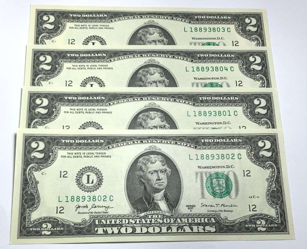 Fresh Sequential $200 Face Bank Wrapped 2017A $2 Notes - 2