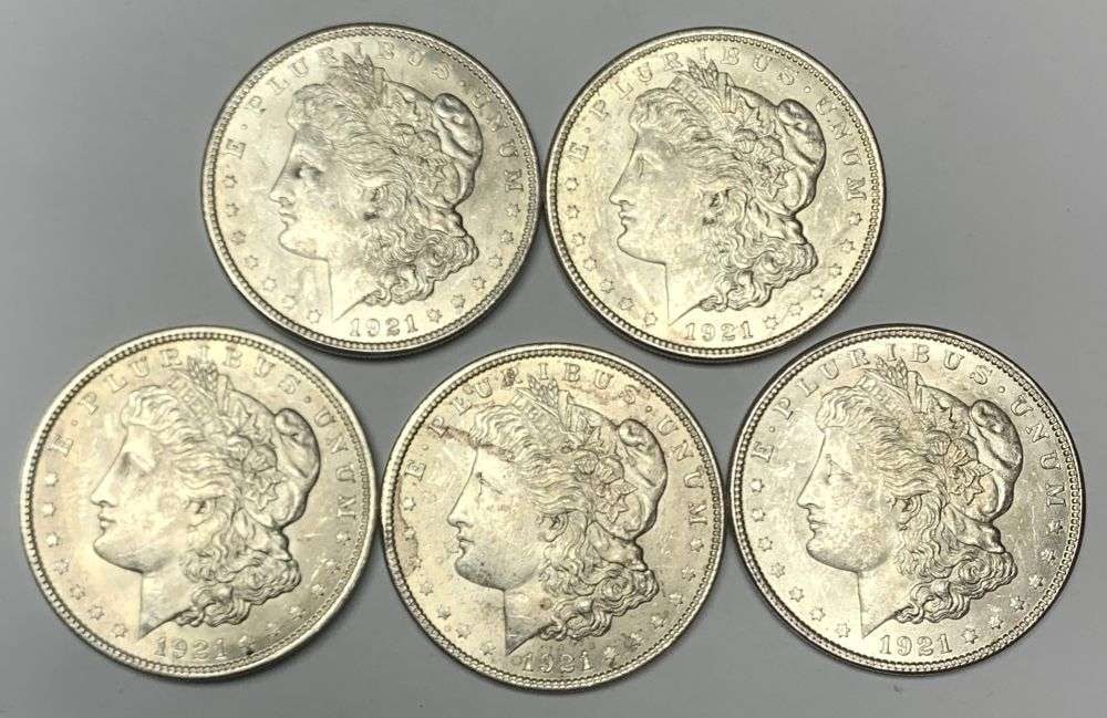 (5) Nice BU 1921 Morgan Silver Dollar: Winner shall receive the exact (5-coins) shown here. (MR/LBB)