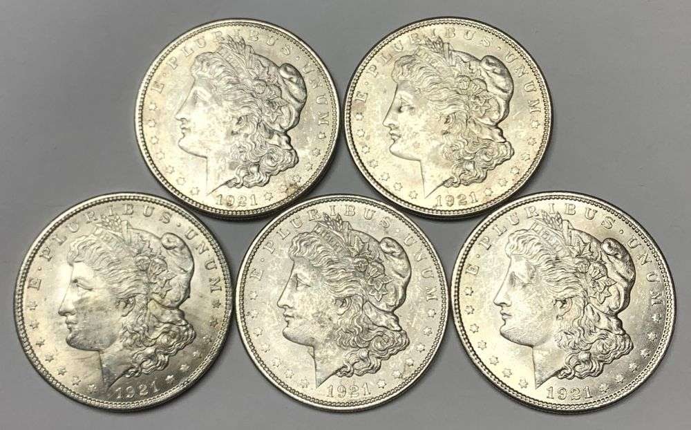 (5) Nice BU 1921 Morgan Silver Dollar: Winner shall receive the exact (5-coins) shown here. (MR/LBB)