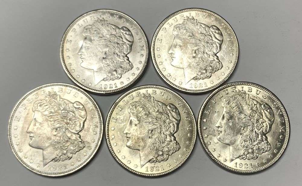 (5) Nice BU 1921 Morgan Silver Dollar: Winner shall receive the exact (5-coins) shown here. (MR/LBB)