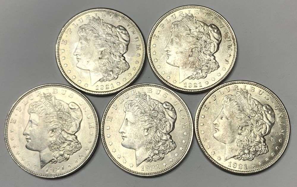 (5) Nice BU 1921 Morgan Silver Dollar: Winner shall receive the exact (5-coins) shown here. (MR/LBB)