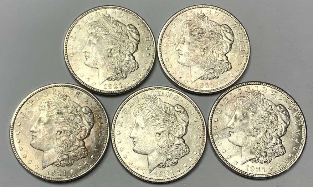 (5) Nice BU 1921 Morgan Silver Dollar: Winner shall receive the exact (5-coins) shown here. (MR/LBB)