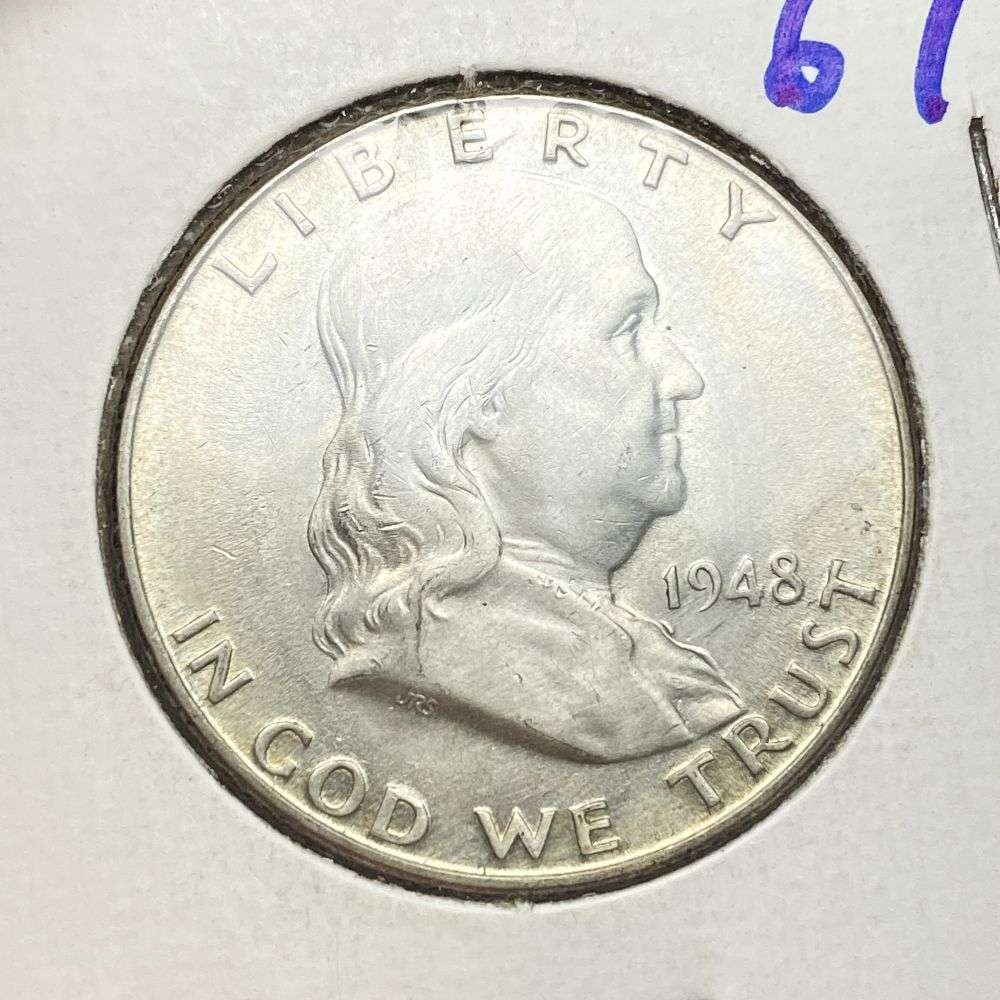 Vintage Flip Old Time 1948-D Franklin Silver Half Dollar MS67: Winner shall receive the exact coin shown here. (RR/B)