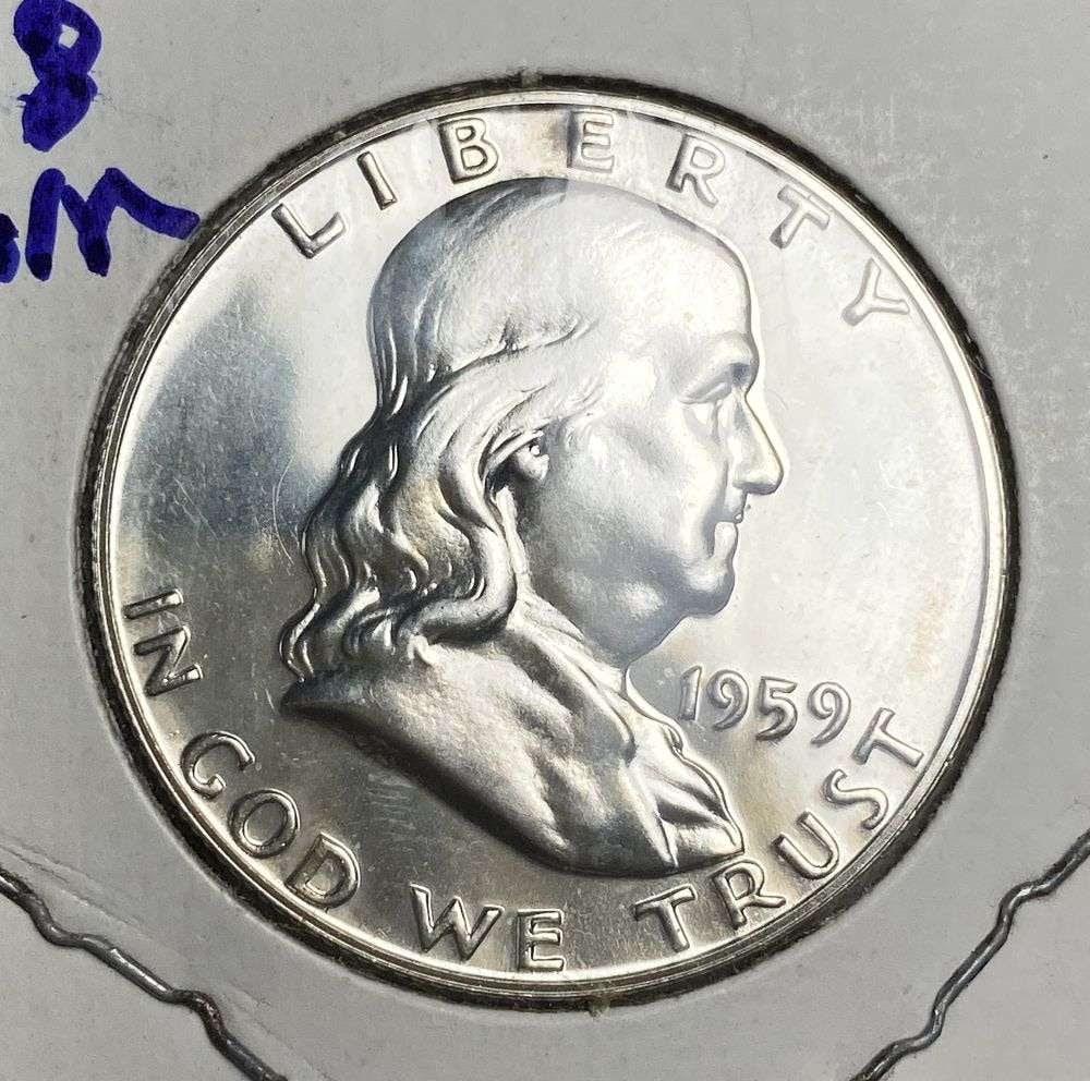 Vintage Flip Old Time 1959 Franklin Silver Half Dollar PF68: Winner shall receive the exact coin shown here. (RR/B)