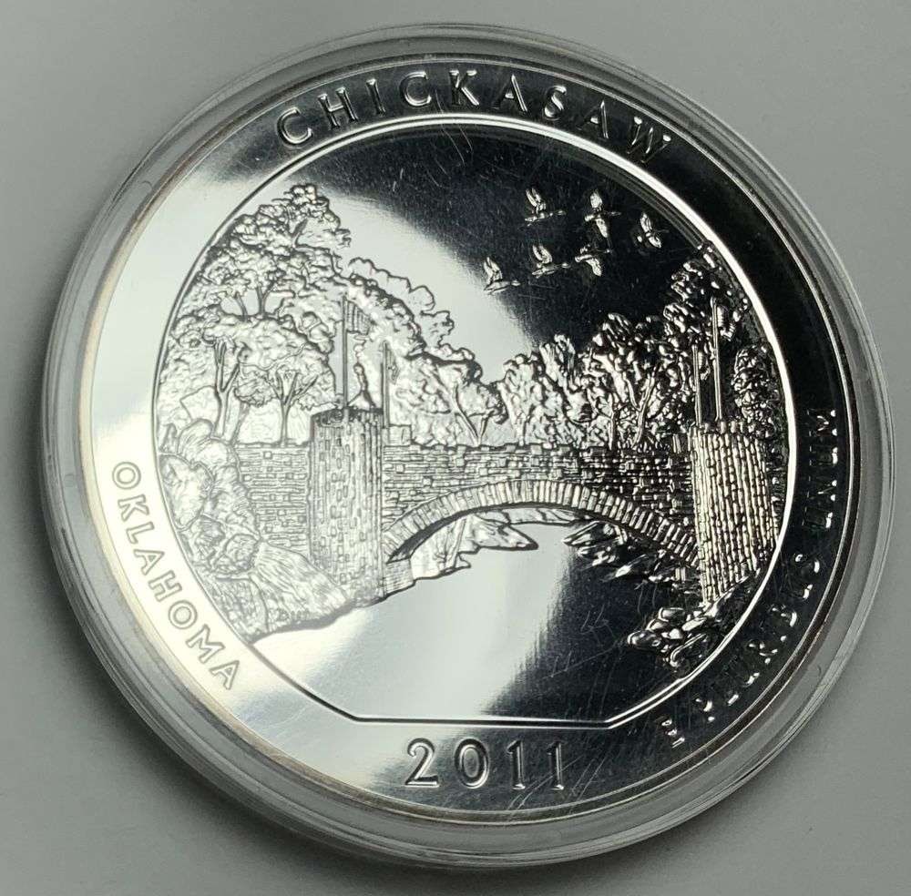 Last Minute Silver! 2011 ATB Oklahoma "Chickasaw" 5 ozt .999 Silver: Winner shall receive the exact coin shown here. (MR/EFR)