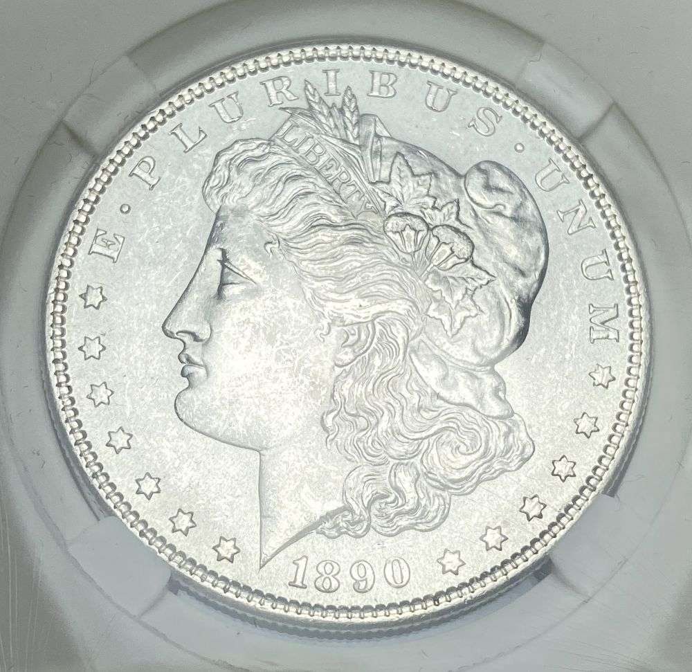 1890-S Morgan Silver Dollar MS65: IMPORTANT NOTE: We do not agree with the grade provided with this "off-brand" grading company. Winner shall receive the exact coin shown here. (RR)