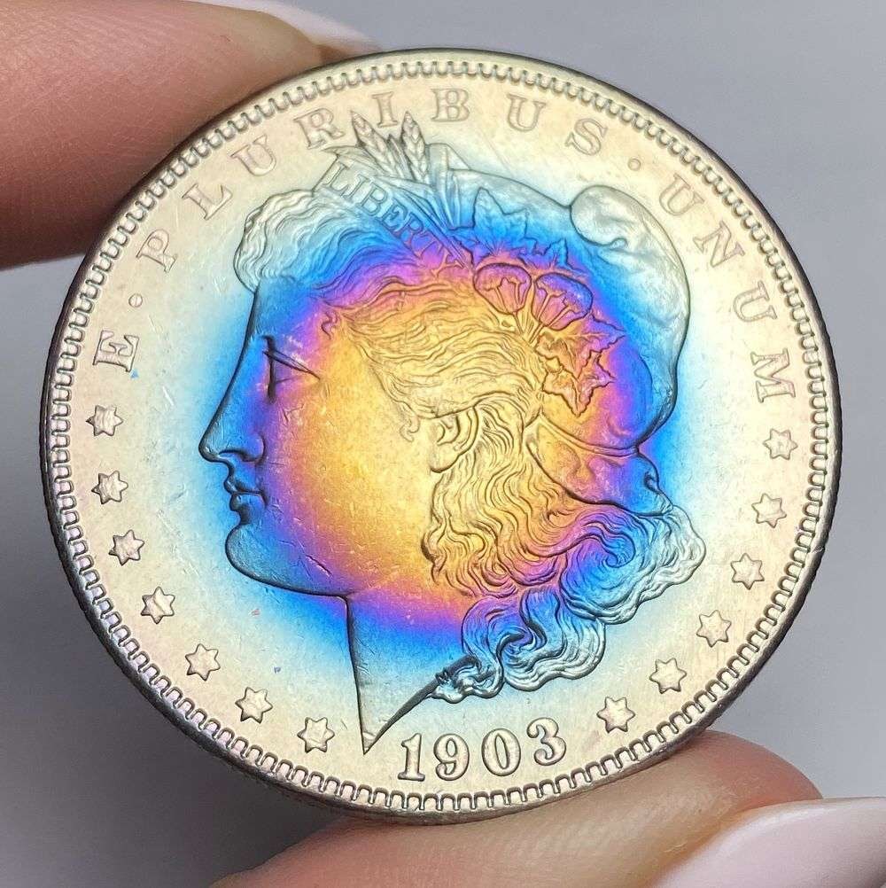 Rainbow Toned 1903 Morgan Silver Dollar: Winner shall receive the exact coin shown here. (RR)
