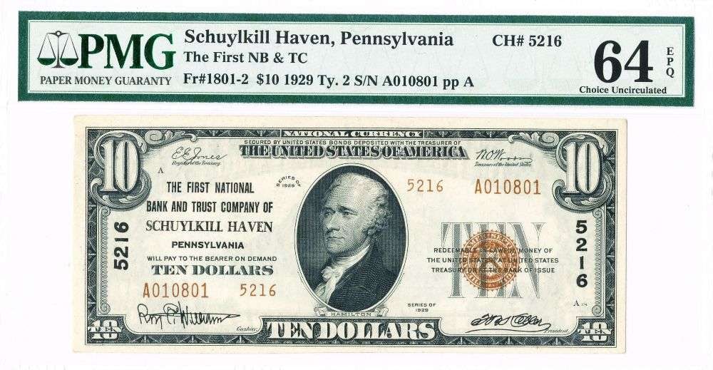 Rare 1929 The First National Bank & Trust Company of Schuylkill Haven $10 Note Ty 2 PCGS CU64 EPQ (1 of 2)